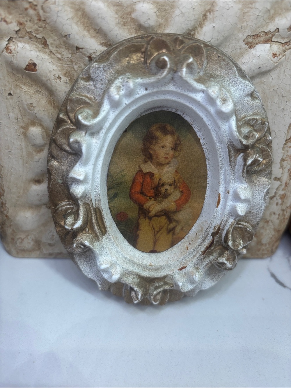 Borghese chalkware oval painting of "Master Simpson" boy with dog  made to fit